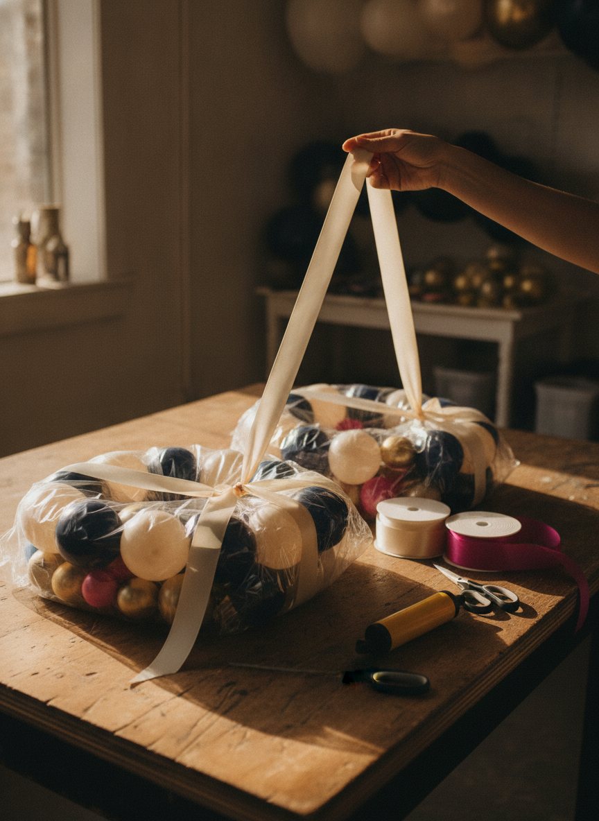 A Grab & Go pickup ready to leave: two finished balloon garlands coiled and bagged in clear sleeves and tied with satin ribbon, resting on a work table beside spools of ribbon, a hand pump and a pair of scissors, one hand lifting the nearer bundle by its ribbon loop; warm shop light, tall composition