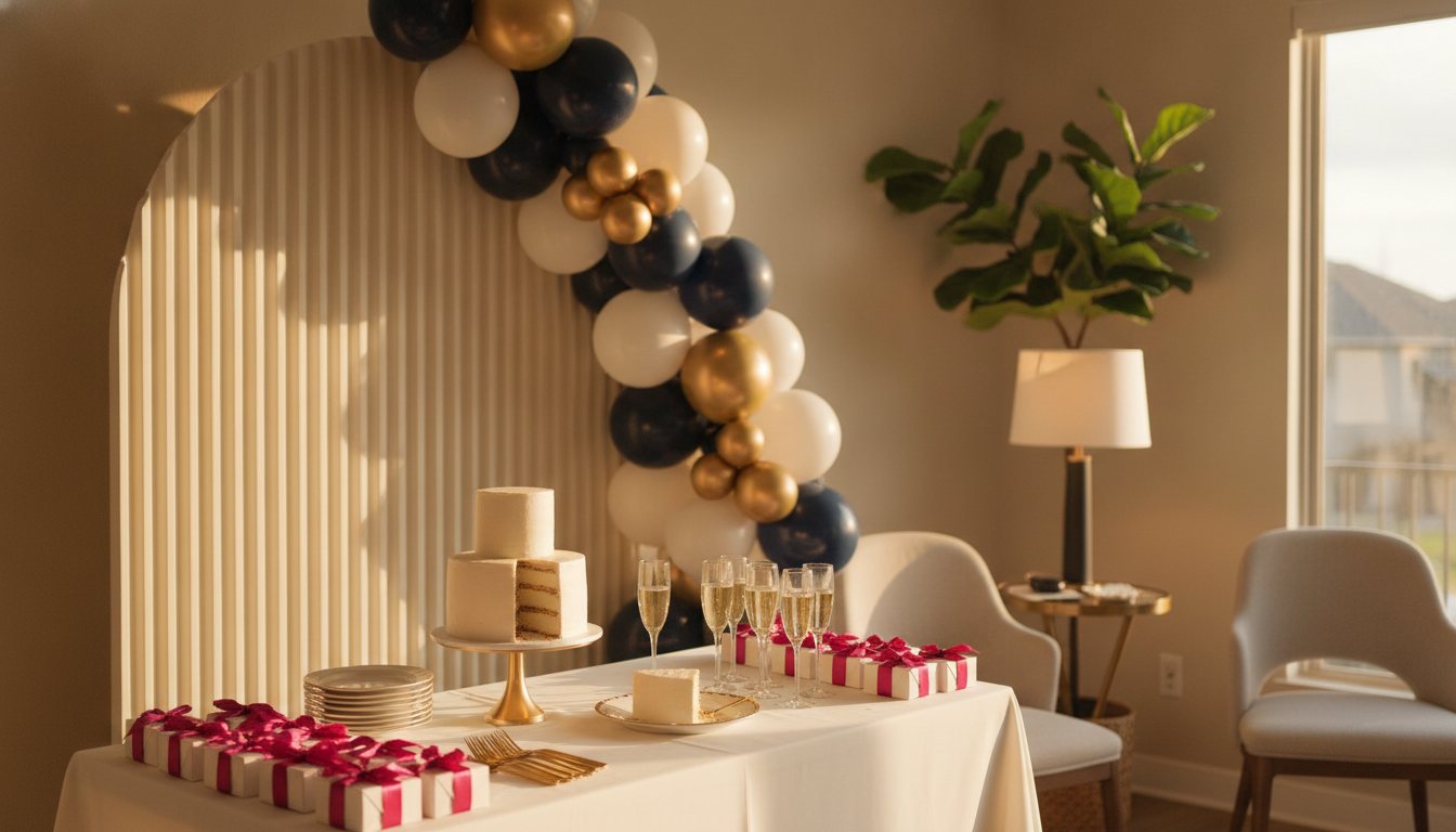 A finished celebration just before guests arrive: an organic balloon garland in ivory, deep navy and champagne sweeping diagonally across a fluted ivory arch backdrop, with a styled dessert table beneath — tiered cake with one slice already cut and lifted onto a gold-rimmed plate, stacked plates and forks, filled champagne flutes catching the light, satin-ribboned favour boxes at the near edge. Warm late-afternoon window light rakes in from the right; a real Austin room behind — potted fig, a warm table lamp, two chairs slightly out of line. Any lettering on décor is cropped or thrown out of focus.