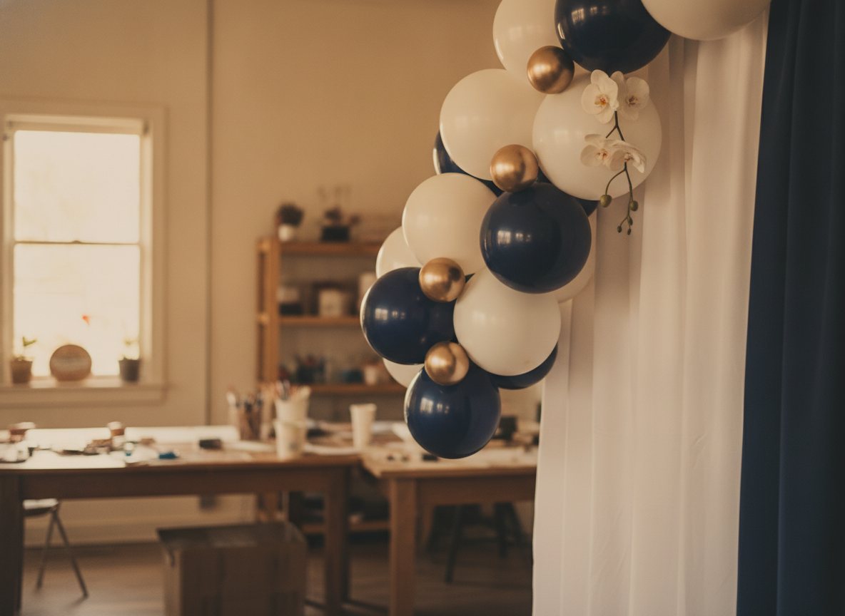 Close crop where a tapered balloon garland meets the top corner of a custom backdrop — matte ivory and navy balloons in graduated sizes with a few champagne metallics, a single stem of white blossom tucked into the cluster, shallow depth of field falling off into a warmly lit room