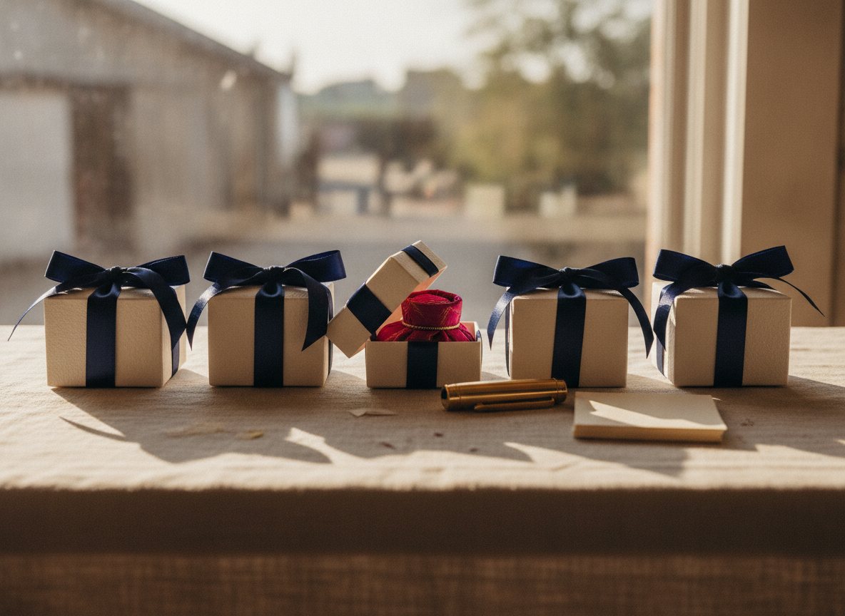 A row of small favour boxes tied with wide satin ribbon lined up on a linen runner, one box open to show a wrapped keepsake, a gold pen and a stack of blank ivory cards beside them, warm window light with shallow depth of field along the row; no legible lettering anywhere